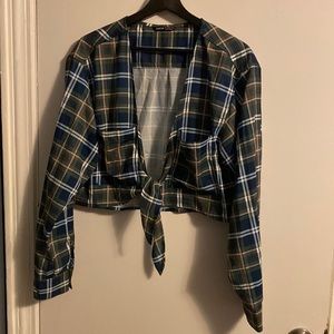 Green/Blue Plaid crop top tie shirt